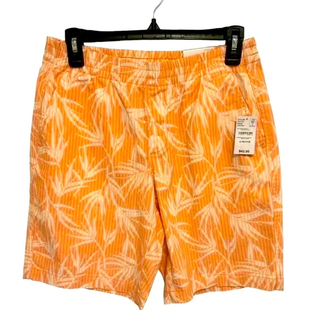 New Land's End Womens Petite Chino Shorts 4P Style Crisp Peach Striped Palms NWT